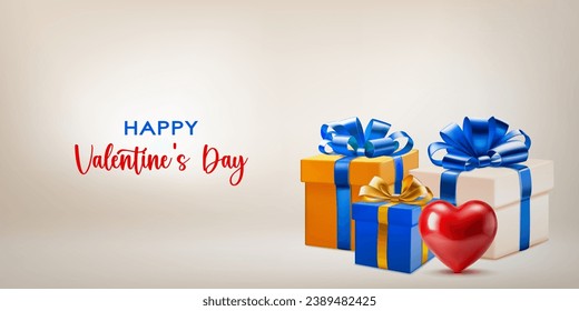 Valentine's day illustration with big red heart and several colored gift boxes with ribbons and bows