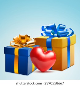 Valentine's day illustration with big red heart and two colored gift boxes with ribbons and bows