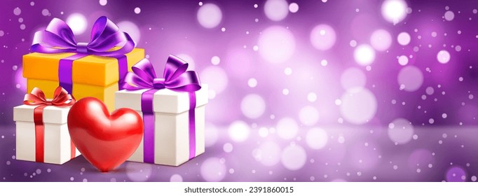 Valentine's day illustration with big red heart and several colored gift boxes with ribbons and bows on a purple blurred background with bokeh effect