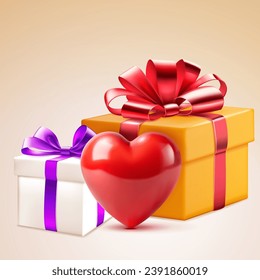 Valentine's day illustration with big red heart and two colored gift boxes with ribbons and bows