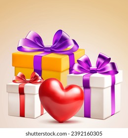 Valentine's day illustration with big red heart and several colored gift boxes with ribbons and bows