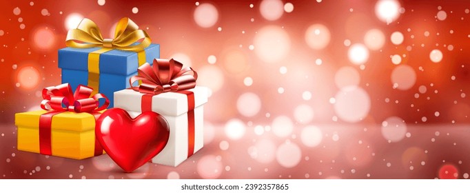 Valentine's day illustration with big red heart and several colored gift boxes with ribbons and bows on a red blurred background with bokeh effect