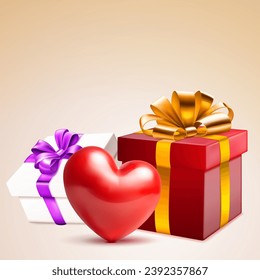 Valentine's day illustration with big red heart and two colored gift boxes with ribbons and bows