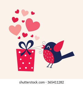 Valentine's day illustration with bird and gift box. Romantic card with couple in love.