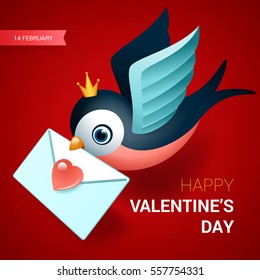 Valentines day illustration. Bird with love letter. Vector.