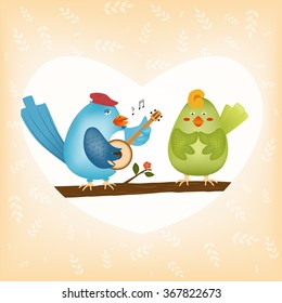 valentine's day illustration. bird play on musical  instrument and sing song