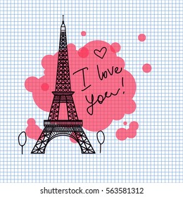 Valentine's Day. Illustration black Eiffel Tower. Notebook cell. Pink romantic spots. Vector decorations isolated on white background.