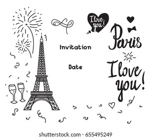 Valentine's Day. Illustration black Eiffel Tower. Vector decorations isolated on white background. Handwritten inscription Paris I love you. 