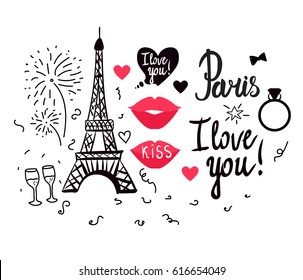 Valentine's Day. Illustration black ink Eiffel Tower.  Vector decorations isolated on white background. Handwritten inscription Paris I love you. 