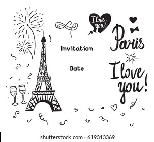 Valentine's Day. Illustration black ink Eiffel Tower.  Vector decorations isolated on white background. Handwritten inscription Paris I love you. 