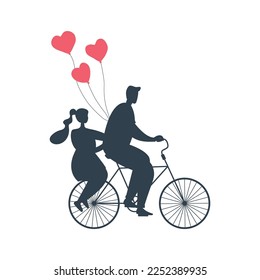 Valentine's day illustration. Black silhouettes of young man and young woman with red hearts. Boy with girl is riding a bike. Vector illustration