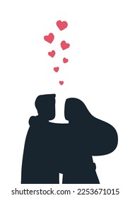 Valentine's day illustration. Black silhouettes of young man and young woman with red hearts. Vector illustration