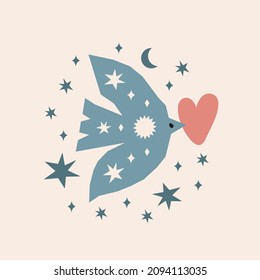 Valentine's day illustration with boho elements and bird with heart. Modern hand drawn vector illustration