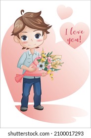 Valentine's Day illustration. Boy with a beautiful bouquet of flowers. Great for postcards, banners, prints