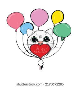 Valentine's Day illustration. A cat named Norman is holding colorful balloons and a heart. be my valentine