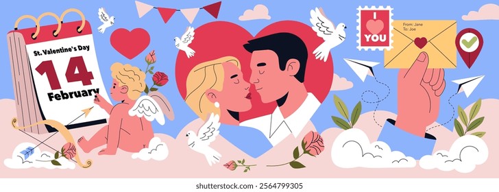 Valentine's Day illustration. Celebrating love and affection on February 14th, featuring couples, Cupid, roses, heartfelt messages, and symbols of romance. Ideal for expressing love, friendship, and