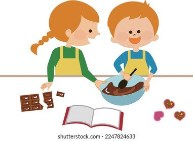 Valentine's Day illustration of a child making handmade chocolate