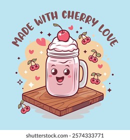 Valentine's Day Illustration. Coffee, Cherry Shake. Valentine Vector. You are the cream to my coffee. You are the cherry on top of my shake. Made with cherry love. Ready to Print Design