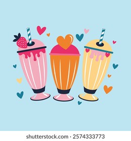 Valentine's Day Illustration. Coffee, Cherry Shake. Valentine Vector. You are the cream to my coffee. You are the cherry on top of my shake. Made with cherry love. Ready to Print Design