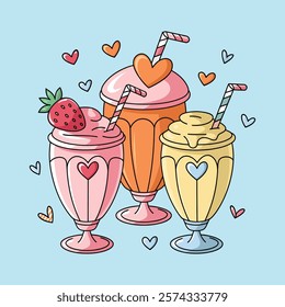 Valentine's Day Illustration. Coffee, Cherry Shake. Valentine Vector. You are the cream to my coffee. You are the cherry on top of my shake. Made with cherry love. Ready to Print Design