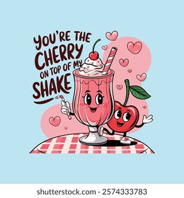 Valentine's Day Illustration. Coffee, Cherry Shake. Valentine Vector. You are the cream to my coffee. You are the cherry on top of my shake. Made with cherry love. Ready to Print Design