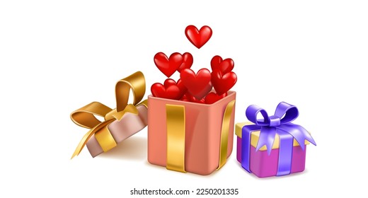 Ilustración del Día de San Valentín con cajas de regalo de colores atadas con cintas con arcos, y muchos corazones rojos volando fuera de la caja abierta, sobre fondo blanco