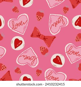 Valentine's day illustration with cookies, gingerbread and bows pink background. Vector illustration. Valentine's day pattern. Valentine's day background. Valentine's day card. 14th February.