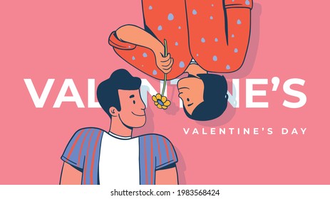 Valentine's Day illustration with couple lying with flower. can be used for card, poster, website, flyer background. vector illustration