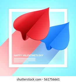 Valentines day illustration. Couple of paper planes shaped of hearts. Love message concept. Vector.