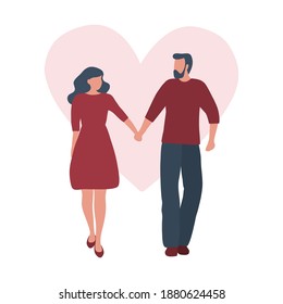 Valentine's day illustration. Couple is walking holding hands. Young man and young woman on a pink heart background. Romantic greeting card. Vector illustration