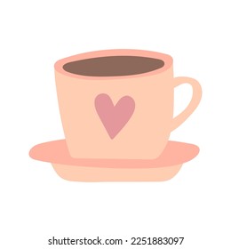 Valentine's day illustration cup of hot cocoa decorative element. Romantic love icon in flat style.Vector illustration, isolated on white background. Valentines Day cute cup of coffe with heart on it.