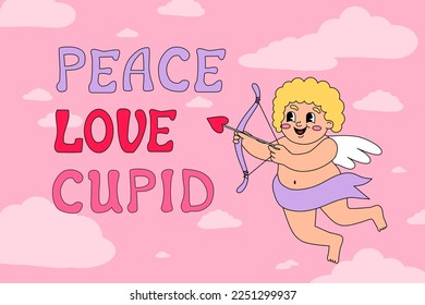 Valentine's day illustration with cupid. Cloud sky background. Vector illustration in cartoon groovy style