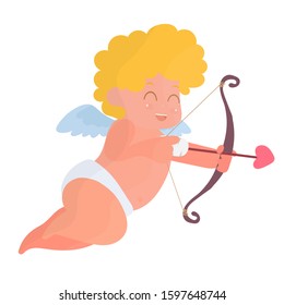 Valentine's day illustration of a cute cupid with a bow and arrow pointing at someone