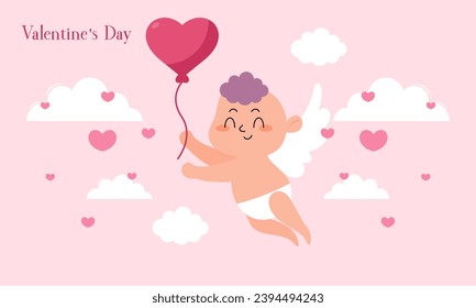 Valentine's Day Illustration with Cute Cupid Isolated on the Sky Clouds Background