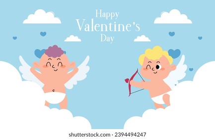 Valentine's Day Illustration with Cute Cupid Isolated on the Sky Clouds Background