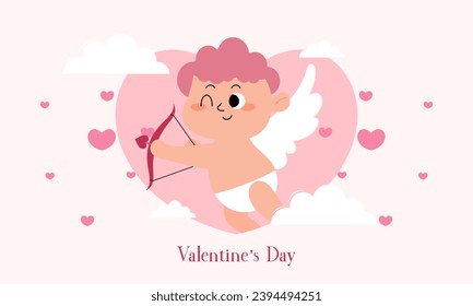 Valentine's Day Illustration with Cute Cupid Isolated on the Sky Clouds Background