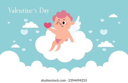 Valentine's Day Illustration with Cute Cupid Isolated on the Sky Clouds Background