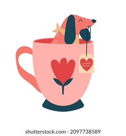 Valentines Day Illustration Of Cute Dog Sitting In Tea Cup With Label 