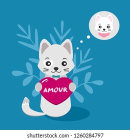 Valentine's day illustration. Cute gray cat and heart on an isolated dark blue background. Vector illustration for greeting card or poster.