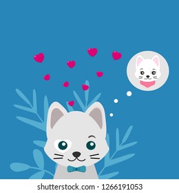 Valentine's day illustration. Cute gray cat and heart on isolated blue background. Vector illustration for a greeting card or poster with place for your text.