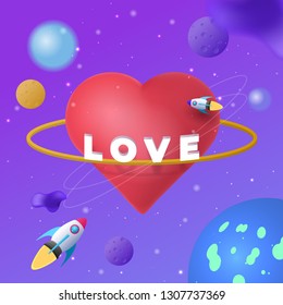 Valentines Day Illustration. A cute heart in the space. Abstract space background.