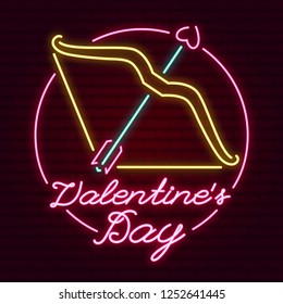 valentine's day illustration with Cypid's bow and arrow and inscription in circle. neon, retro style. 