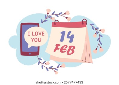 Valentine's Day illustration depicting a calendar marked February 14, a phone with I love you text, floral accents, on a soft blue background. Vector illustration