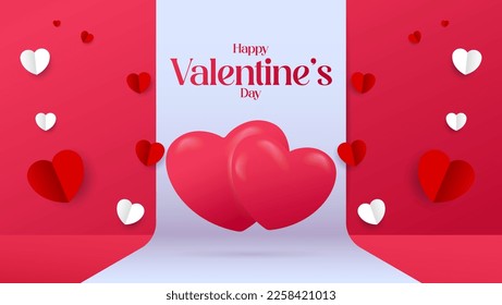 Valentines Day, Illustration Design Of Two Hugging Heart Shapes On White Cloth Red Background With Origami Paper Heart Decoration. February 14th. Suitable for banners, web, social media etc 