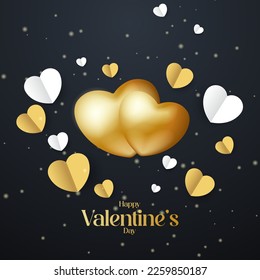 Valentines Day, Illustration Design Of Two Gold Colored Heart Shapes Hugging, Black Background With Origami Paper Heart Decor. February 14th. Perfect for banners, social media stories, etc