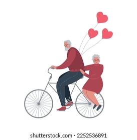 Valentine's day illustration. Elderly man with elderly woman is riding a bike with red hearts. Lovely elderly couple. Love forever.  Vector illustration