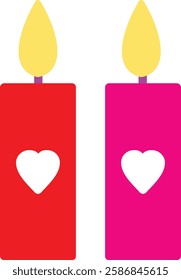 A Valentine's Day illustration featuring two tall candles in red and pink, each adorned with a white heart and a glowing flame. A perfect romantic design for love-themed decor, gifts.