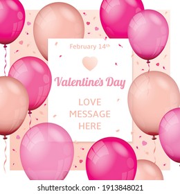 Valentines day illustration of flying air balloons, paper banner and confetti particles.
