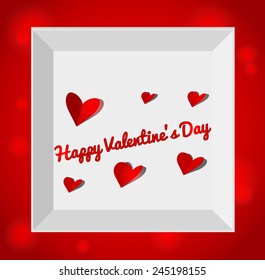 Valentine's day illustration with gift box red paper hearts. Valentines day card.