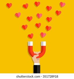 Valentine's day illustration. Hand holding magnet and attracting hearts. Attraction of clients. Flat design, vector illustration
